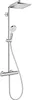 A shower system with a rain shower head and a hand shower on a rail, mounted on a wall. Produktbild-Vorschau