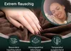 A close-up of a hand on a brown fluffy blanket, with a woman sleeping peacefully in a circular inset image. Produktbild-Vorschau