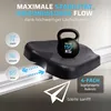A close-up of a rowing machine seat with a kettlebell on it, highlighting features with text and icons. Produktbild-Vorschau