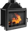 A black cast iron fireplace insert with flames visible through the glass door. Produktbild-Vorschau