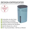 A turquoise dehumidifier with a gray top is shown next to a circular graphic with text and bullet points describing its features. Produktbild-Vorschau