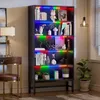 A tall, dark-colored display cabinet with multiple shelves, illuminated by colorful LED strip lights, is shown in a room setting next to a desk and chair. Náhľad obrázku produktu