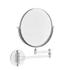 A silver, wall-mounted, extendable makeup mirror is shown against a white background.