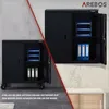 A split image showing two views of a black metal cabinet, one on wheels and one mounted on a wall, with office supplies inside. Produktbild-Vorschau