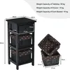 A black bedside table with a drawer and two woven baskets, shown with dimensions and weight capacities. Náhled obrázku produktu
