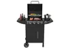 A black gas grill with the lid open, showing food cooking on the grates. There are bottles of sauce on the side table, and a pot on the side burner. Produktbild-Vorschau