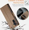 A brown leather phone case is shown with a phone inside, set against a cracked ground effect and a circular inset showing another phone in a black case and the brown case from a different angle. Produktbild-Vorschau