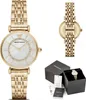 A gold Emporio Armani watch with a white face and diamond accents, presented with its packaging. Produktbild-Vorschau