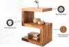 A wooden side table with decorative elements and informational labels. Produktbild-Vorschau