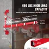 A red electric hoist support arm mounted on a concrete wall, with text overlays describing its load capacity and dimensions. Voir les images du produit