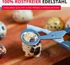 A close-up shot of a quail egg being cut by a pair of scissors, with other quail eggs in the background. Produktbild-Vorschau