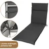 A dark gray chaise lounge cushion is shown on a white background, with two close-up insets demonstrating how it attaches to a lounge chair. Produktbild-Vorschau