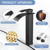 A black matte waterfall faucet is shown with callouts highlighting its features. Produktbild-Vorschau