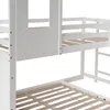 Close-up view of a white wooden bunk bed frame, showing the slatted bed bases and safety rails. Náhled obrázku produktu