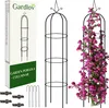 A product image showing a garden pergola, its packaging, and accessories, with one pergola adorned with pink flowers. Náhled obrázku produktu