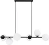 A modern black chandelier with six white globe-shaped lights. Náhled obrázku produktu