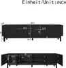 Diagrams showing the dimensions of a black TV cabinet with measurements in inches. Náhľad obrázku produktu