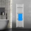 A modern bathroom with a white towel radiator holding two blue towels, next to a bathtub and a faucet. Produktbild-Vorschau