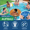 A family is enjoying a Bestway Power Steel frame pool, with text overlays highlighting features like easy setup and a drain valve. Anteprima dell’immagine prodotto