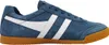 A side view of a blue Gola Harrier sneaker with white stripes and a brown sole. Anteprima dell’immagine prodotto