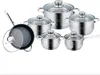 A set of stainless steel cookware with glass lids, including pots and a frying pan, arranged on a white background. Produktbild-Vorschau