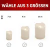 Three LED candles of different sizes are displayed side-by-side, with size indicators above them. Produktbild-Vorschau