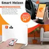 A white electric heater is shown in a living room setting, with a hand holding a remote control. The image also features a smartphone displaying a heating app and text overlays describing the product's features. Produktbild-Vorschau