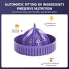 A purple citrus juicer with text overlays describing its features. Podgląd zdjęcia produktu