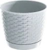 A white round planter with a woven texture and a matching saucer, shown against a white background. Podgląd zdjęcia produktu