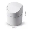 A white trash can with a flip-top lid, shown in a studio setting with dimensions indicated. Produktbild-Vorschau