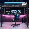 A gaming setup featuring a loft bed with a desk underneath, a gaming chair, and computer equipment, illuminated by LED lighting. Produktbild-Vorschau
