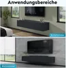 Two scenes showing a wall-mounted TV cabinet in different room settings. Produktbild-Vorschau