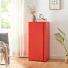 A red metal cabinet is shown in a room with a window and curtains. Voir les images du produit