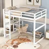A white loft bed with a desk and shelves underneath, set up in a child's room with a rug and a chair. Anteprima dell’immagine prodotto
