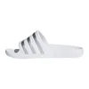 A single white Adidas Adilette Aqua slipper with silver stripes is shown from the side against a white background. Produktbild-Vorschau