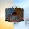 A car battery charger is shown in front of a car battery, with a split background representing warm and cold weather conditions. Produktbild-Vorschau