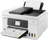 A white Canon MAXIFY GX4040 printer is shown from a slightly elevated front-left angle against a white background. The printer has a paper output tray with a document in it, and an automatic document feeder on top with a paper in it. The printer has a colo Náhled obrázku produktu