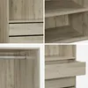 Collage of close-up shots of a wooden wardrobe's interior, showing drawers, shelves, and a hanging rail. Anteprima dell’immagine prodotto