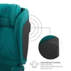 Close-up of the side of a teal car seat, highlighting its protective features with diagrams and text. Produktbild-Vorschau