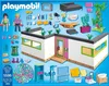A Playmobil set featuring a guest bungalow with various accessories and figures, laid out on a blue background. Produktbild-Vorschau