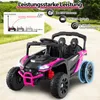 A pink and black ride-on toy car is parked on a dirt road with greenery in the background. Overlay text and graphics highlight the car's features. Anteprima dell’immagine prodotto