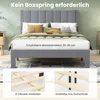A grey upholstered bed frame with pillows and a green throw blanket, shown in a bedroom setting. Insets show close-ups of the wooden slats and support feet. Náhled obrázku produktu