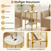 A collage of images showcasing a round, two-tiered side table with a marble-look top and gold metal frame, along with close-ups of its features and icons indicating its uses. Náhľad obrázku produktu