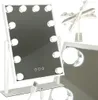 A white LED makeup mirror with lights is shown from multiple angles, including a close-up of a light bulb and a view of the adjustable light bar. Náhled obrázku produktu