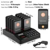 A black restaurant pager system with multiple pagers on a charging base, along with a single pager and an adapter shown separately. Dimensions and specifications are displayed. Voir les images du produit