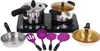 A collection of toy kitchenware, including pots, pans, utensils, and a toy stove. Produktbild-Vorschau