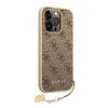 A close-up view of a brown and gold Guess iPhone 14 Pro Max case with a repeating logo pattern and a gold charm attached to a lanyard. Náhled obrázku produktu