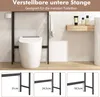 A bathroom shelf unit placed over a toilet, with detail shots of its adjustable legs and dimensions. Produktbild-Vorschau