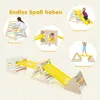 A collage of images showing children interacting with a wooden indoor climbing park, with text labels in German. Produktbild-Vorschau
