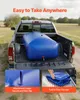 A blue water bladder is secured in the bed of a pickup truck, with inset images showing attachment loops and how the bladder folds for storage. Podgląd zdjęcia produktu